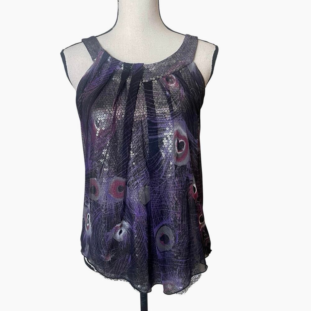 VTG Y2K Whimsigoth Sequin Tank Top Size M Sheer Purple Peacock Feather Mesh Cami